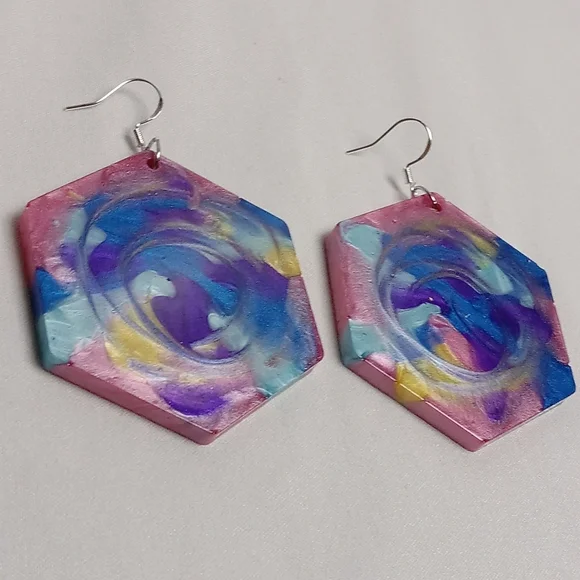 Hand Crafted Multicolor Hexagon Earrings - Picture 4 of 4